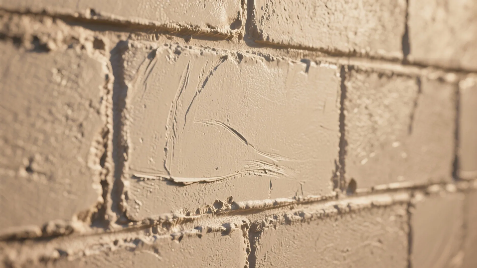 Close up view of a cream colored wall panel with rough texture and visible brush strokes