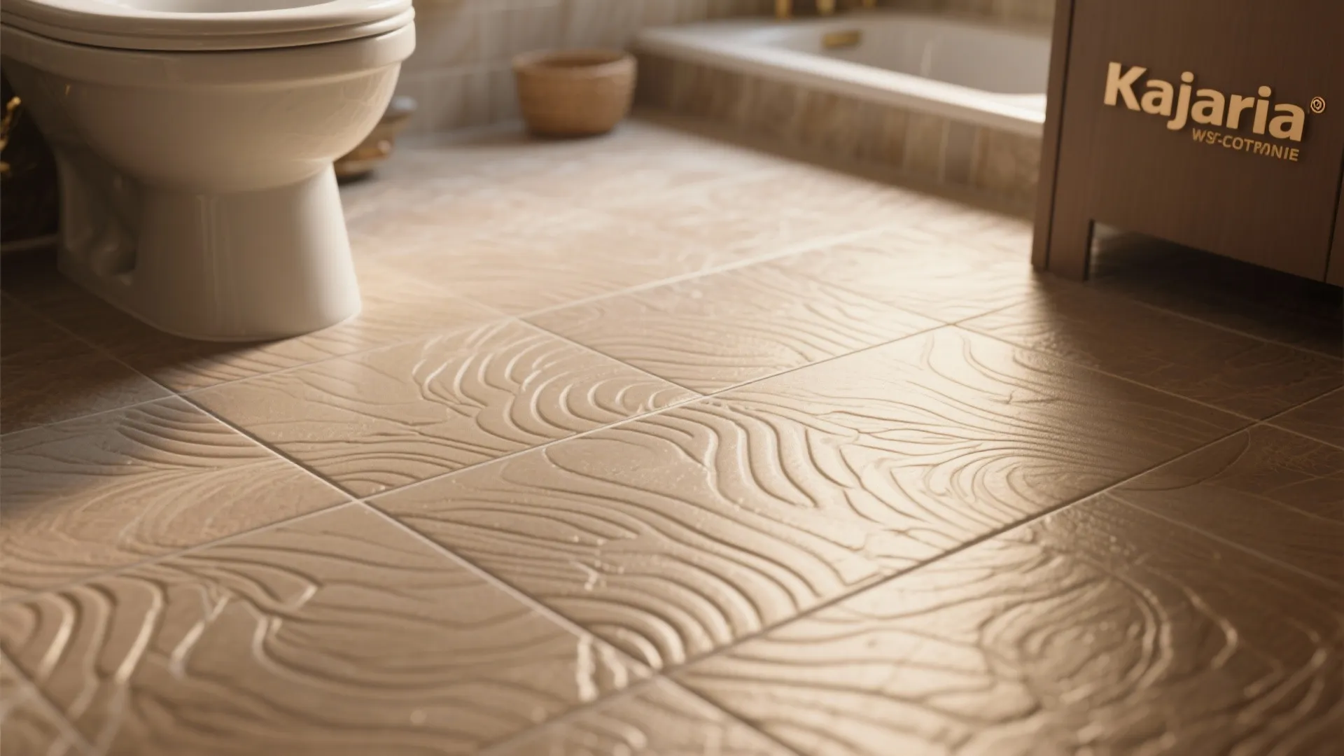 Textured floor tiles with wavy patterns in a warm bathroom shown near a white toilet