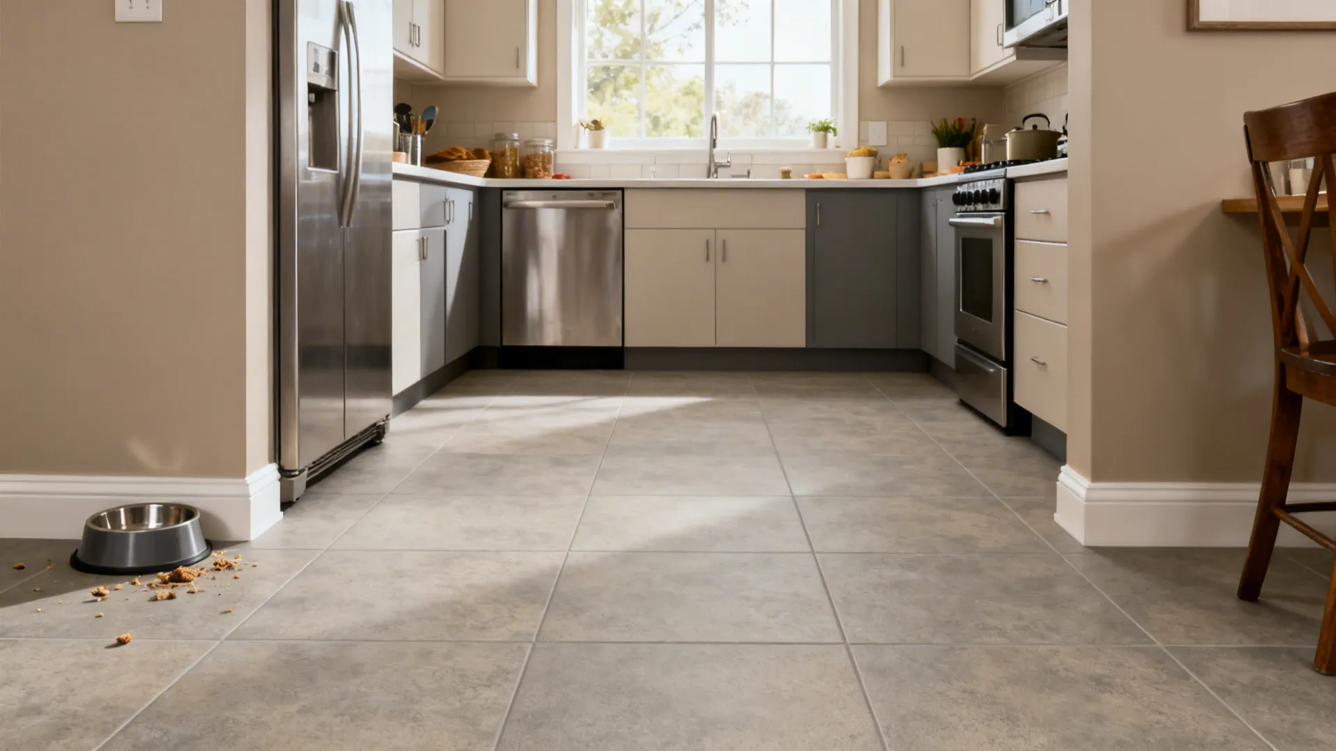 U-shaped kitchen with textured matte anti-skid porcelain floor tiles in warm gray-beige.