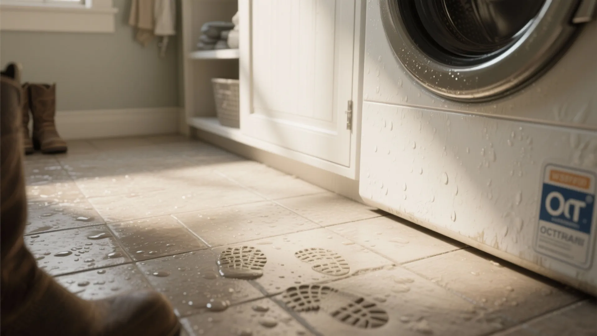 Close up of wet floor tiles with footprints near a white washing machine and cabinet