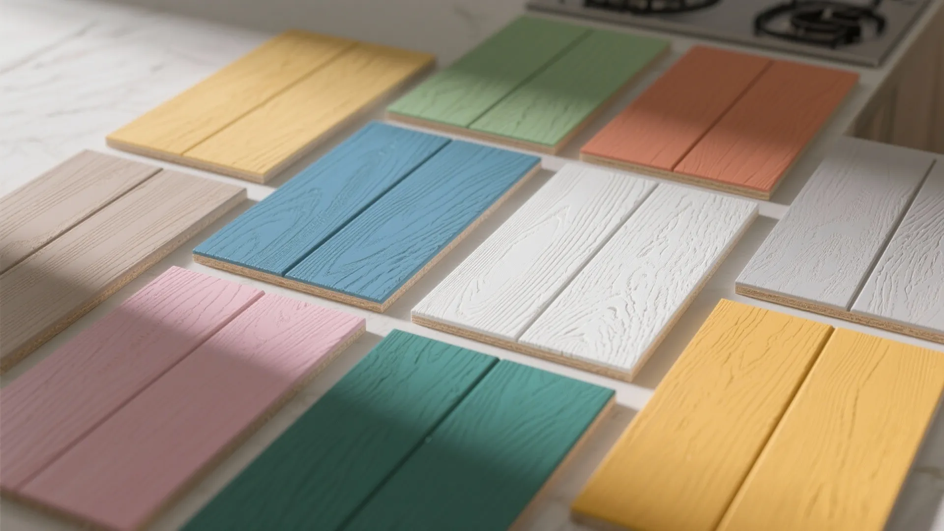 Colorful wood wall panel samples in various shades like pink blue and yellow on table
