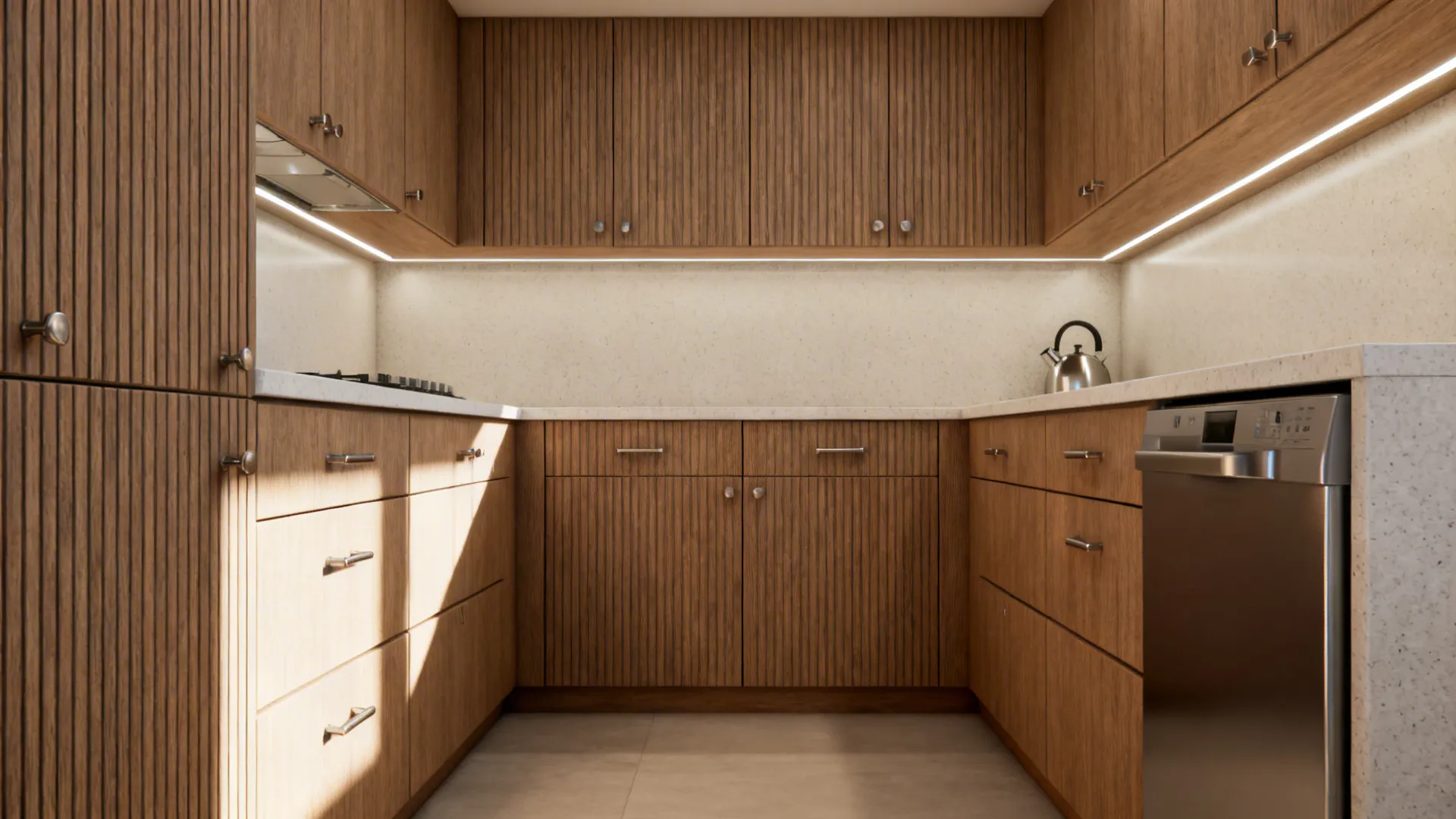 Vertical-grain ash textured melamine fronts with plywood carcass in a slim galley kitchen.