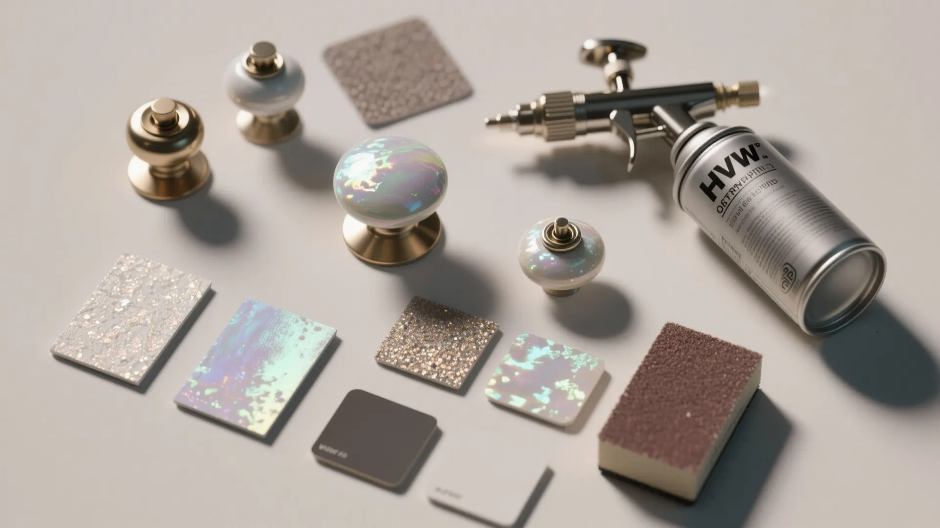 Various decorative cabinet door handles and material texture samples with a professional spray paint tool