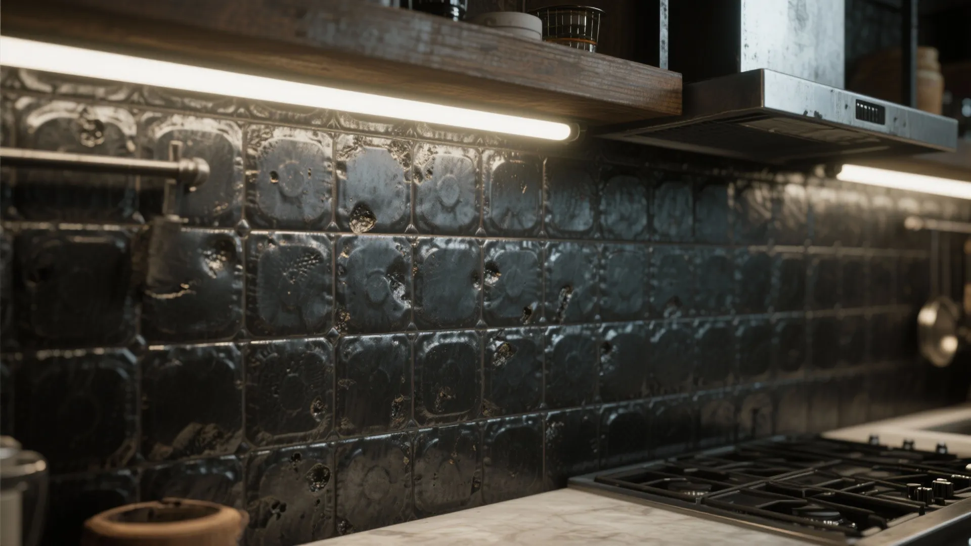 Close up of black textured wall tiles in kitchen with warm light and metal stove