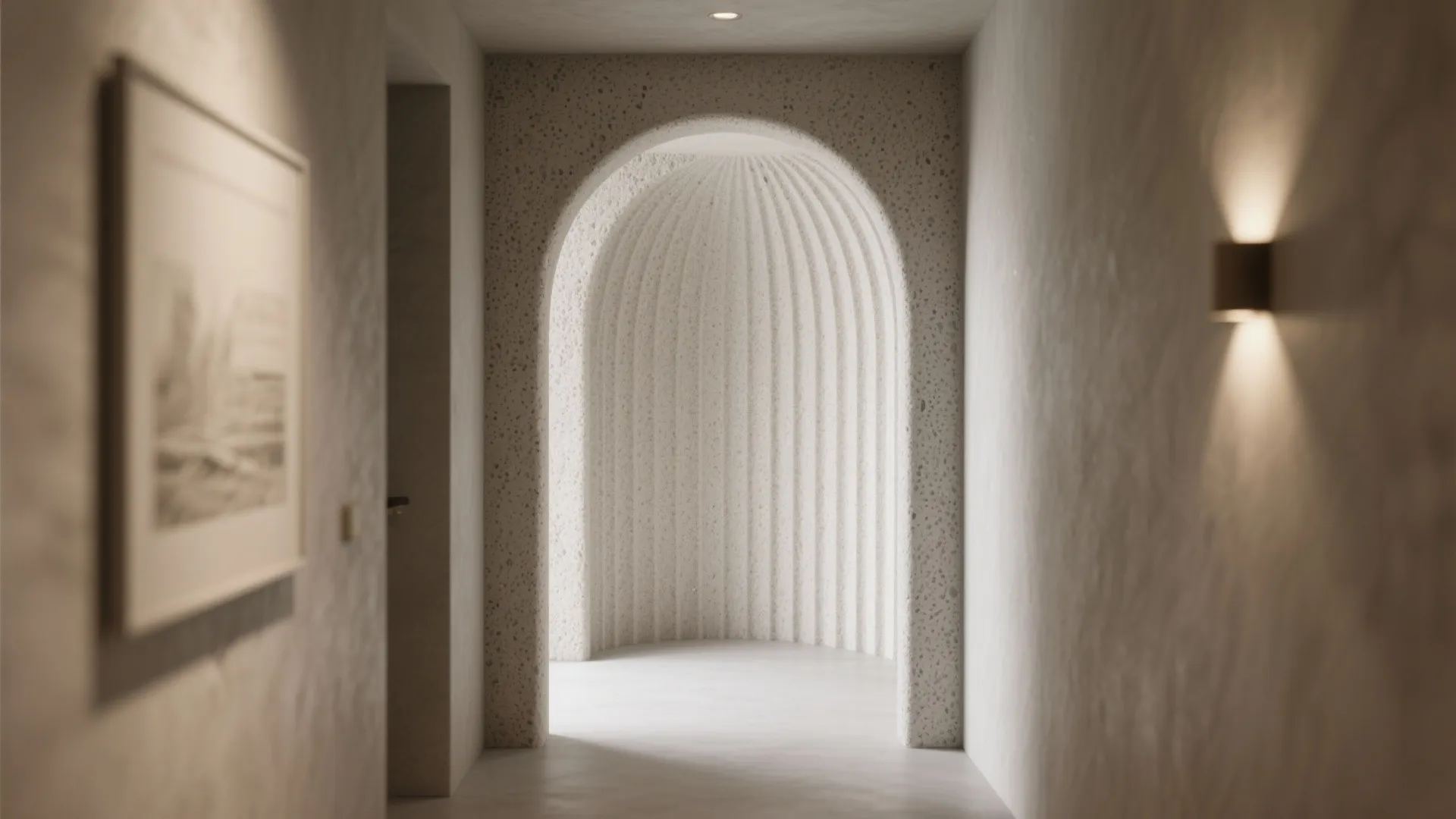 Textured arch with fluted plaster or microcement