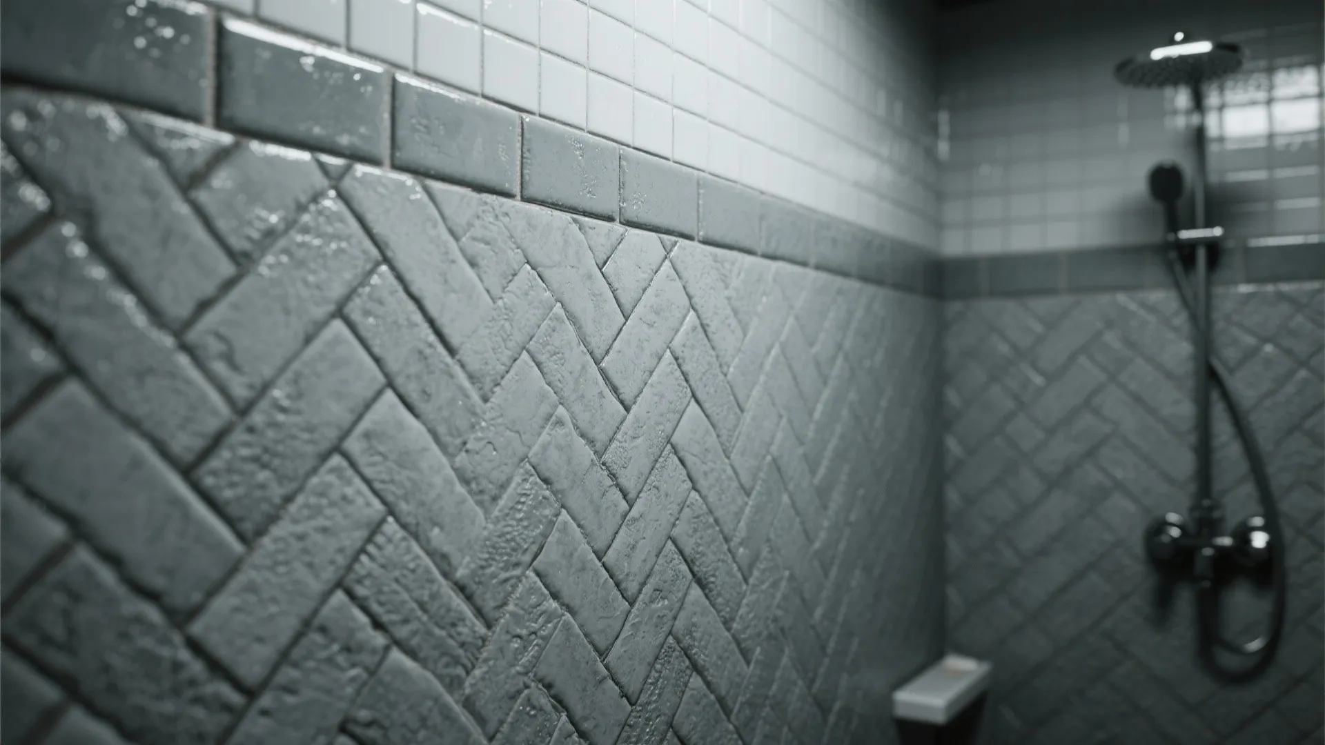 Close-up of mid-gray textured subway tiles in herringbone with contrasting grout