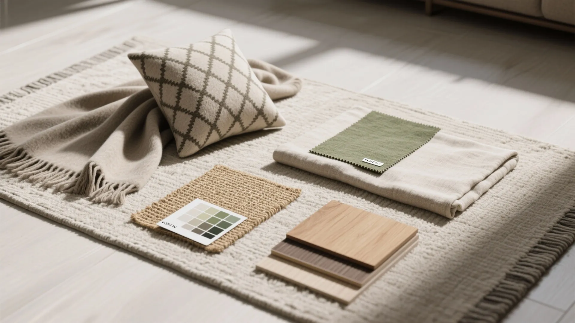 Natural rug featuring patterned pillow, folded blanket, green fabric, wood floor samples, and color palette