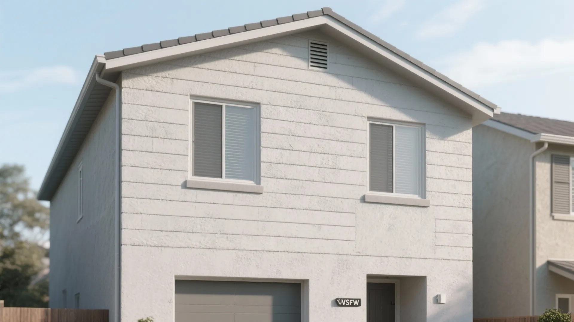 Modern two story white house with horizontal textured walls and two windows on the upper floor