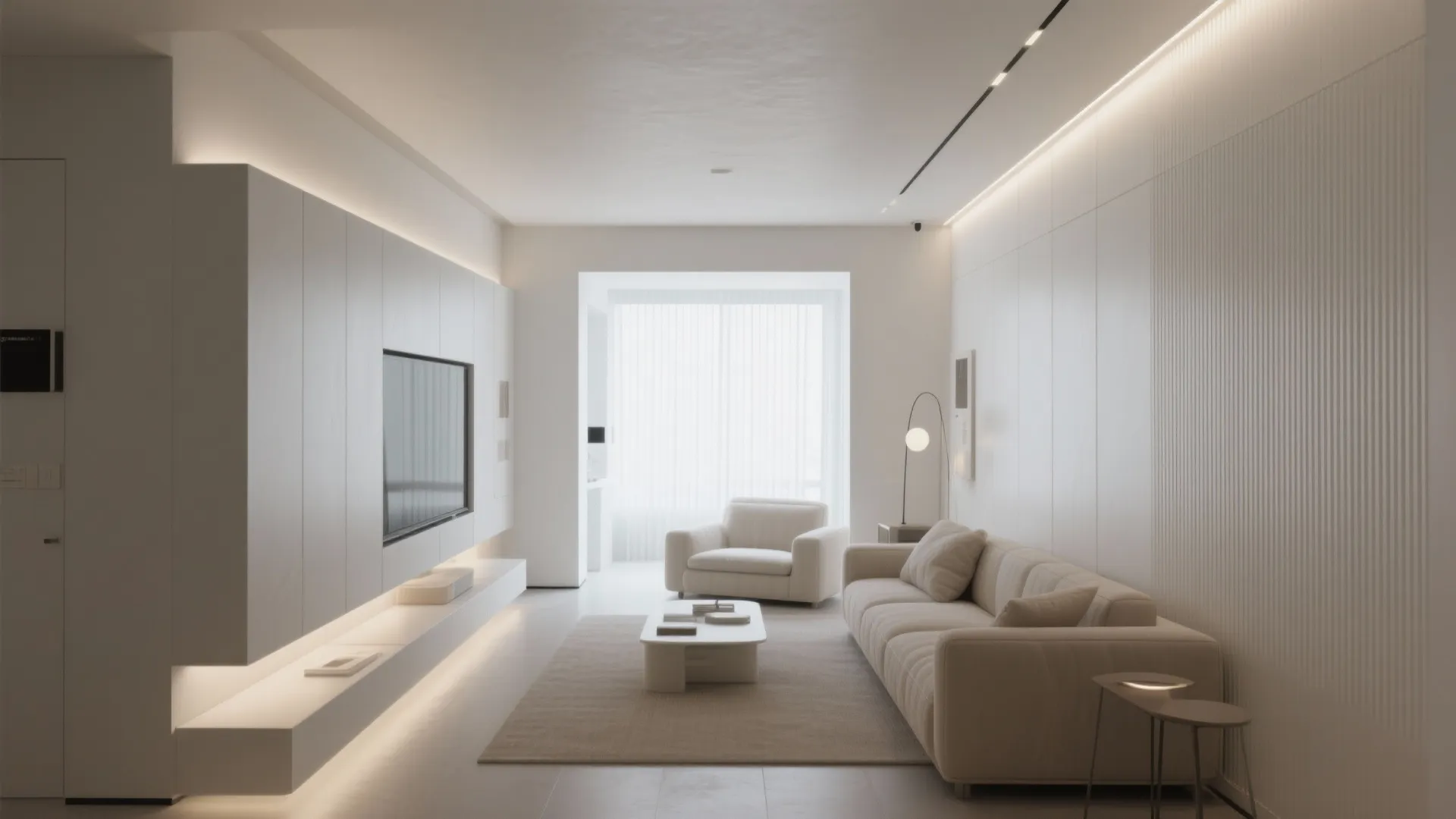 Modern white minimalist living room featuring a long sofa cream armchair and warm hidden lighting