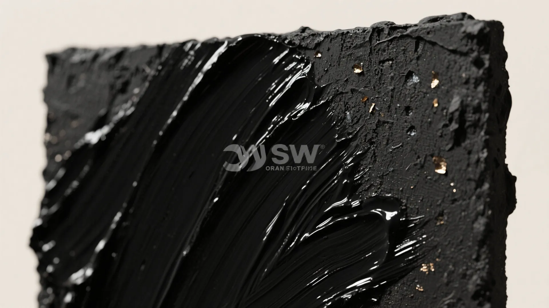 Close-up of a textured black mixed-media painting with matte and gloss contrasts and rough plaster details.