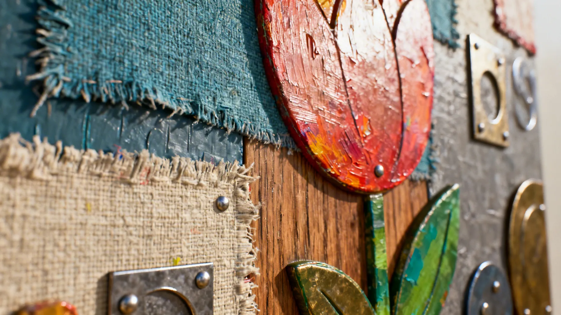 Close-up of textured mixed-media art showing fabric, wood and metal details with colorful paint.