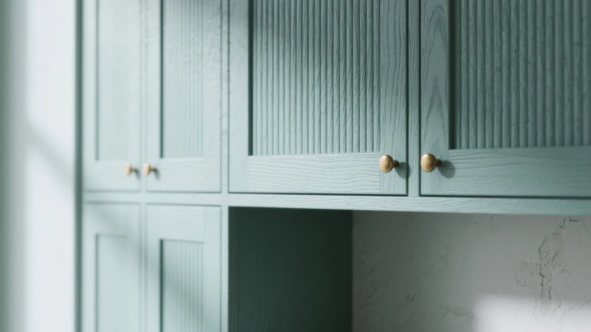 Close up of teal wooden cabinet doors with vertical textured panels and small gold round knobs