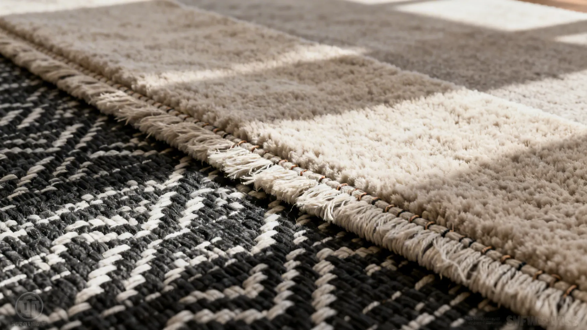 Close-up of layered black-and-white rug textures showing contrast between flatweave and plush runner.