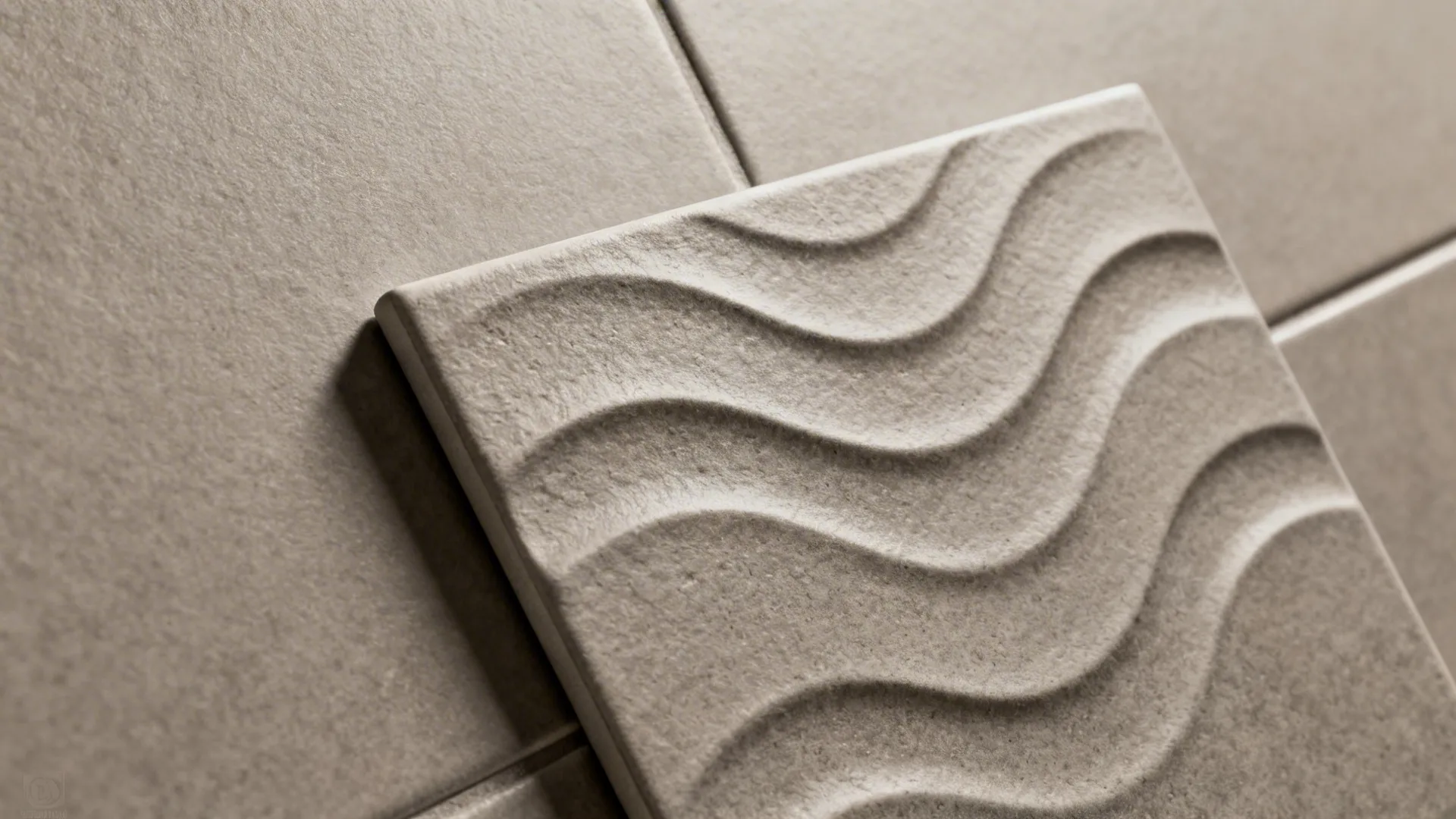 Close-up of a textured monochrome tile showing a wave pattern and material depth