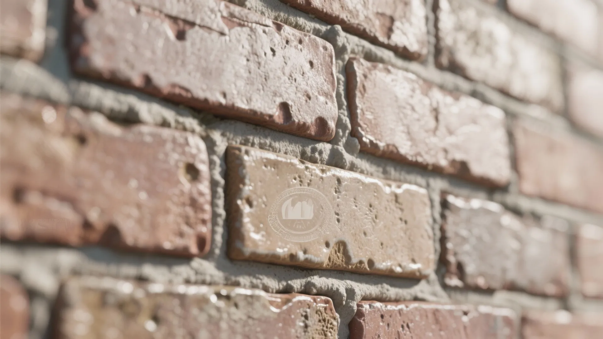 Close-up of a red brick wall featuring thick grey mortar joints and glossy textured surface