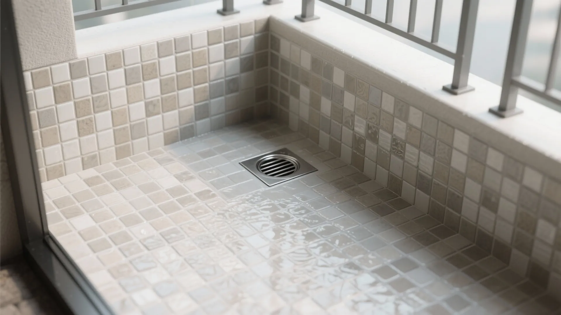 Textured mosaics and small‑format tiles for drainage and grip