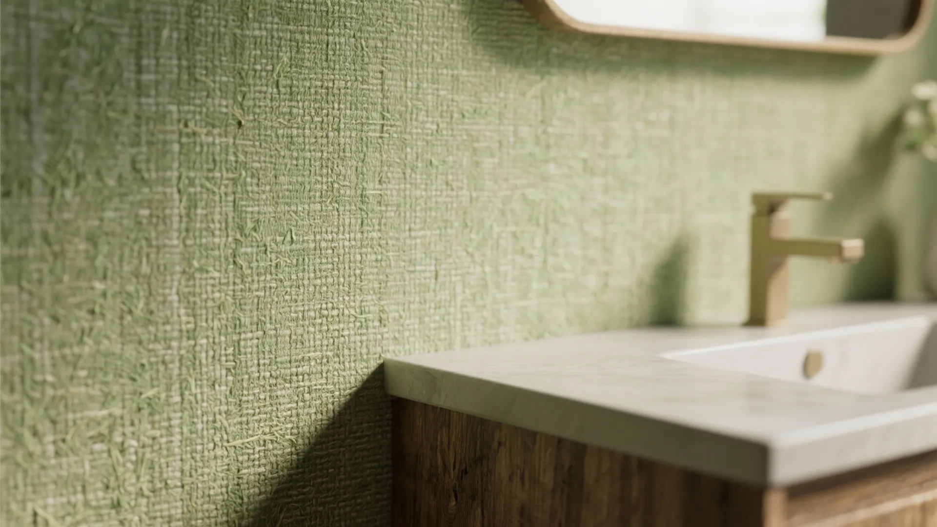 Close up of green textured wall with white marble countertop wood cabinet and gold faucet