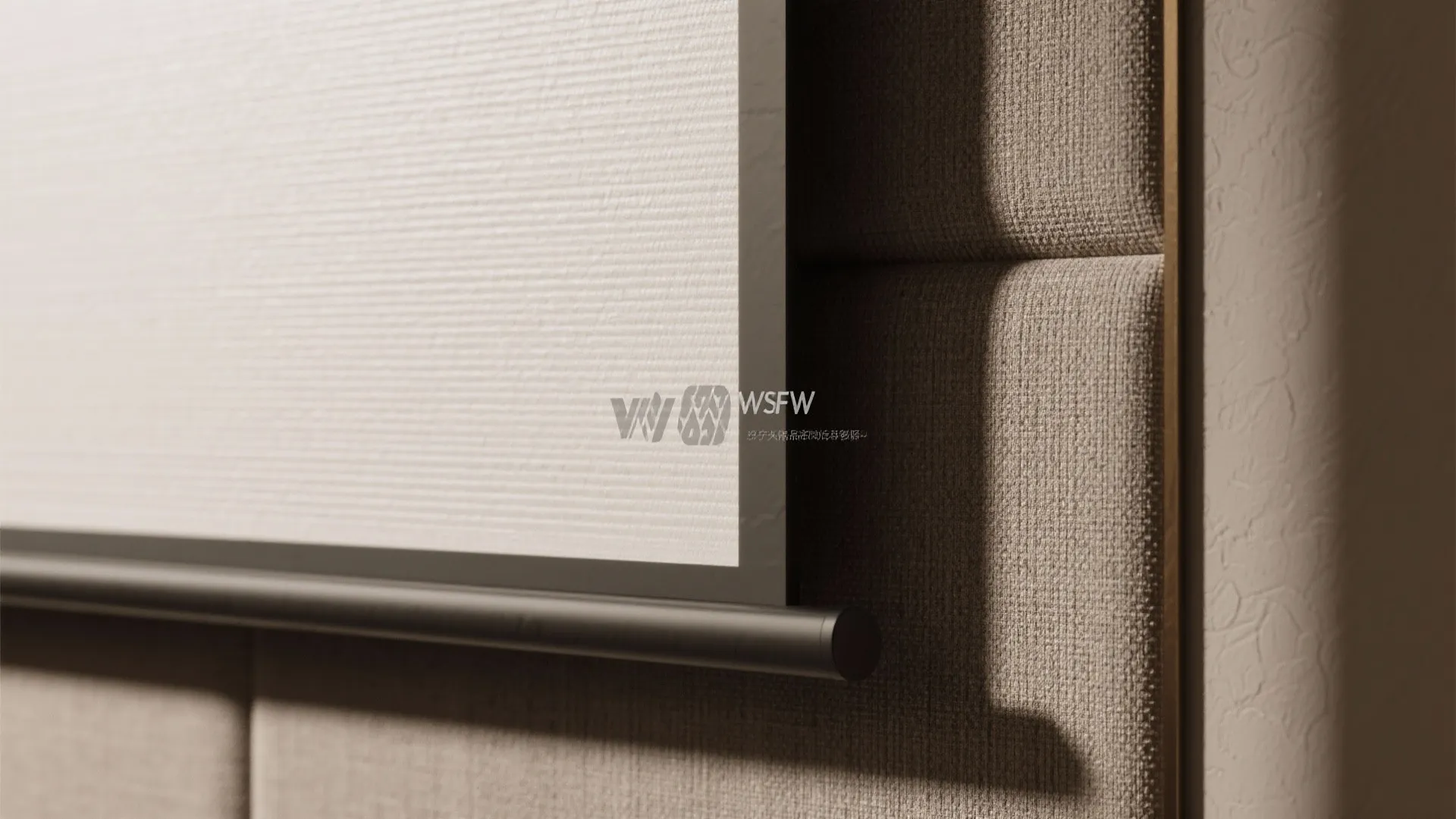 Close-up of a matte textured mural with subtle horizontal striations and low-sheen finish behind a media screen.