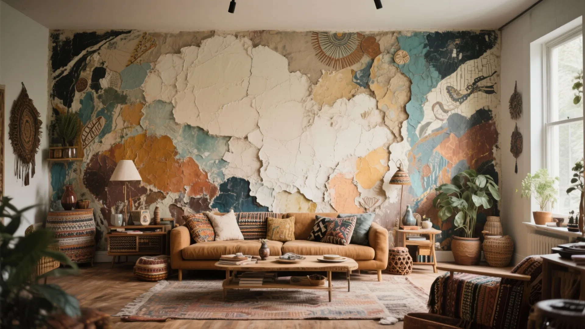 Bohemian living room with large textured wall mural