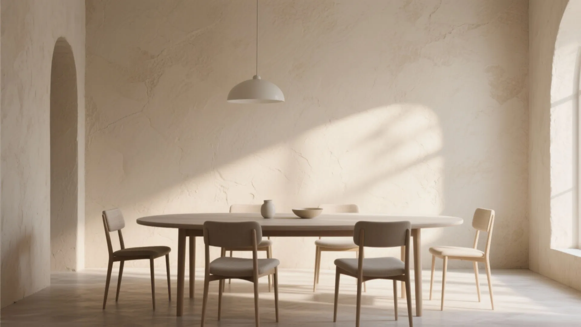Neutral textured dining room wall with soft natural light
