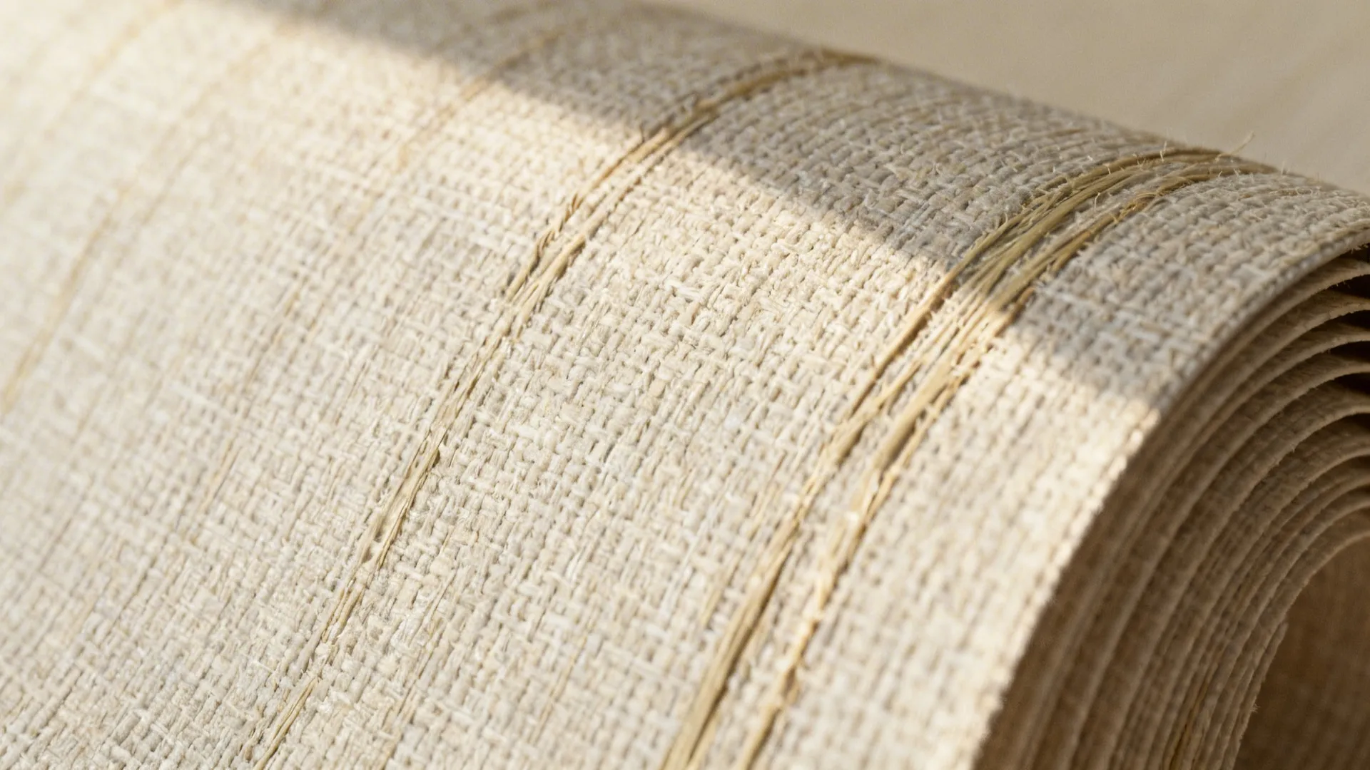 Macro detail of linen-effect grasscloth wallpaper showing subtle tactile texture