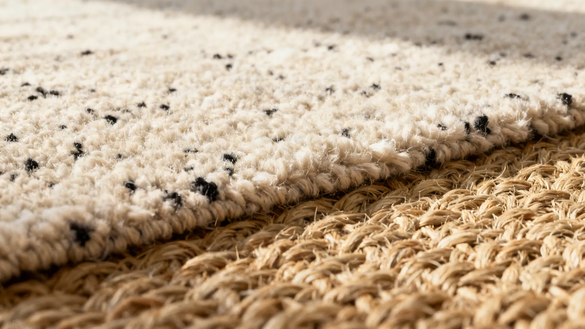 Close-up of a neutral wool or jute rug with subtle black flecks and rich texture.