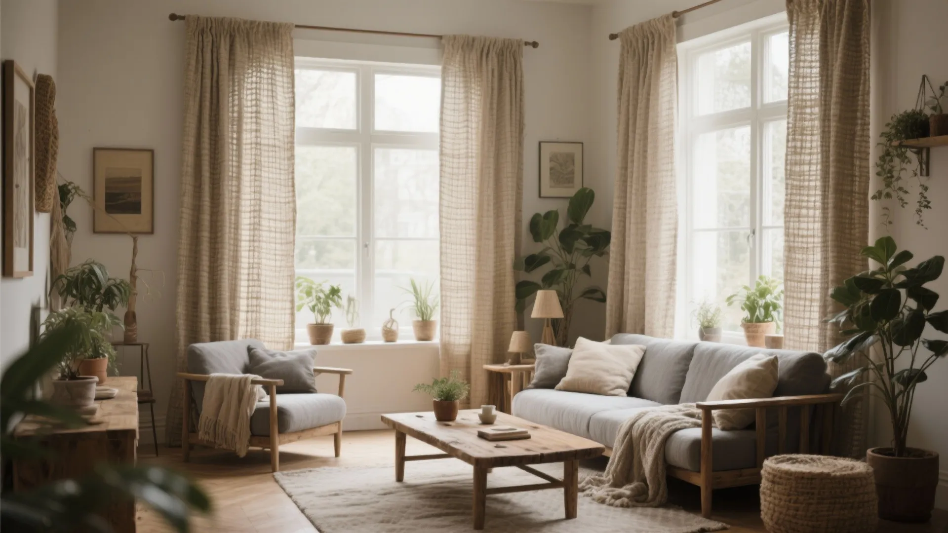 Neutral textured curtains in a cozy living room with grey sofa wooden table and plants