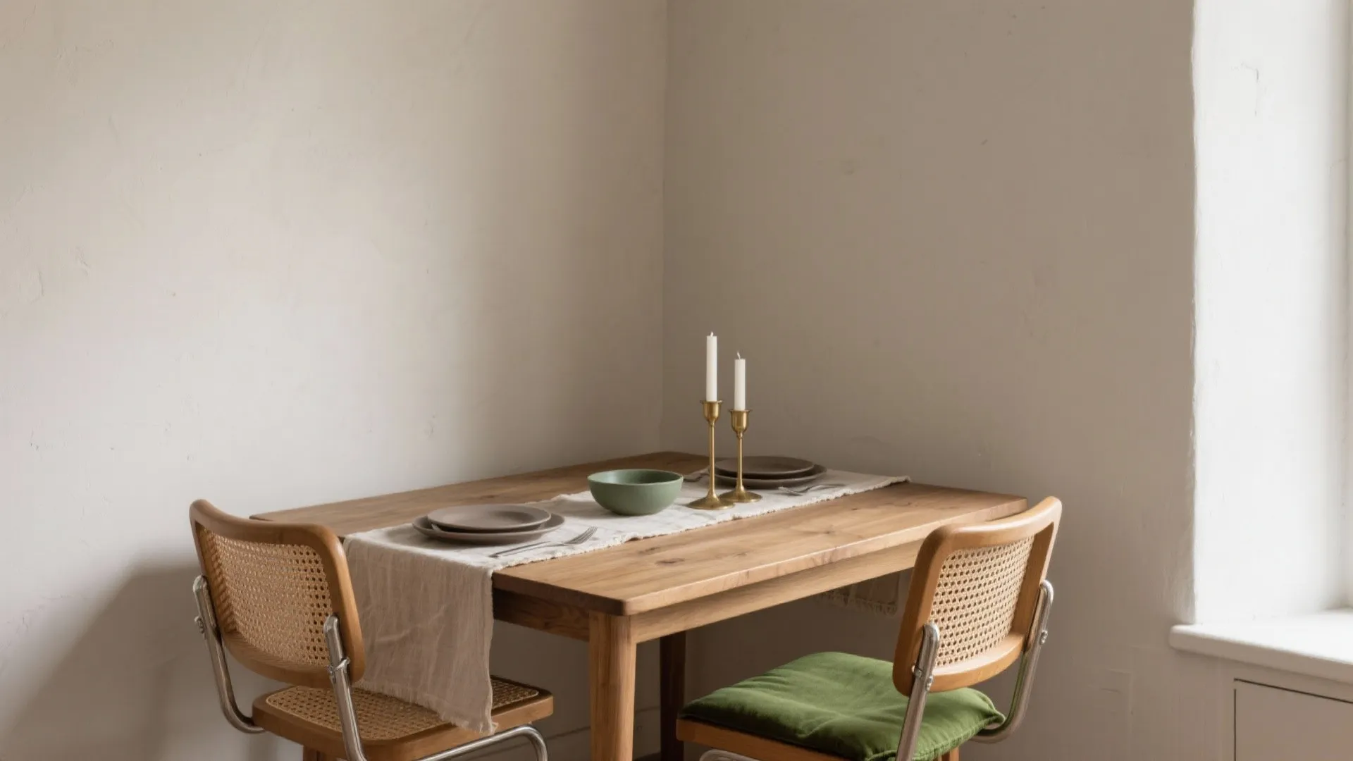 Warm minimalist dining corner with oak, cane, linen, ceramic, and moss green accents.
