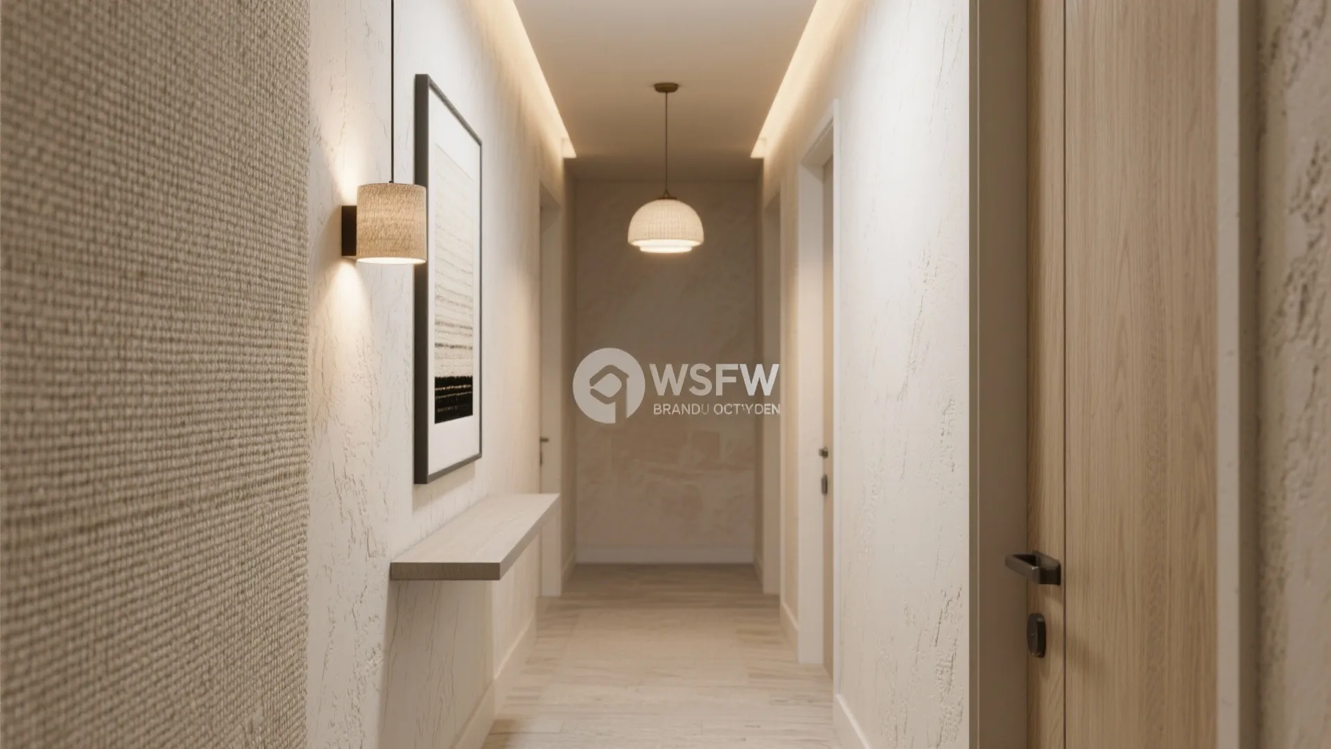 Modern narrow hallway with white textured walls wood floor wall light ceiling light and artwork