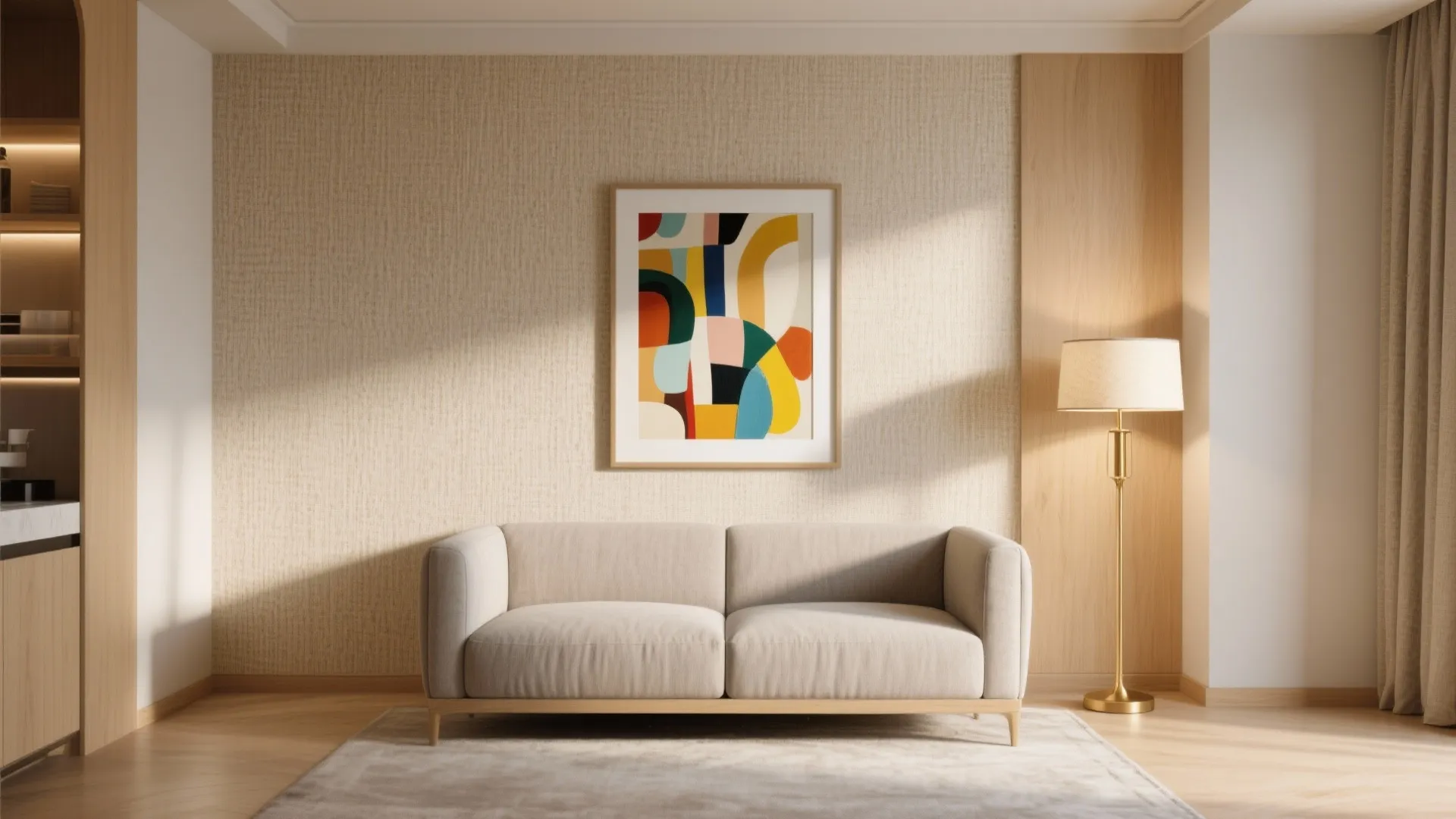 Modern sofa against textured wall with colorful art piece floor light and warm indoor sunlight