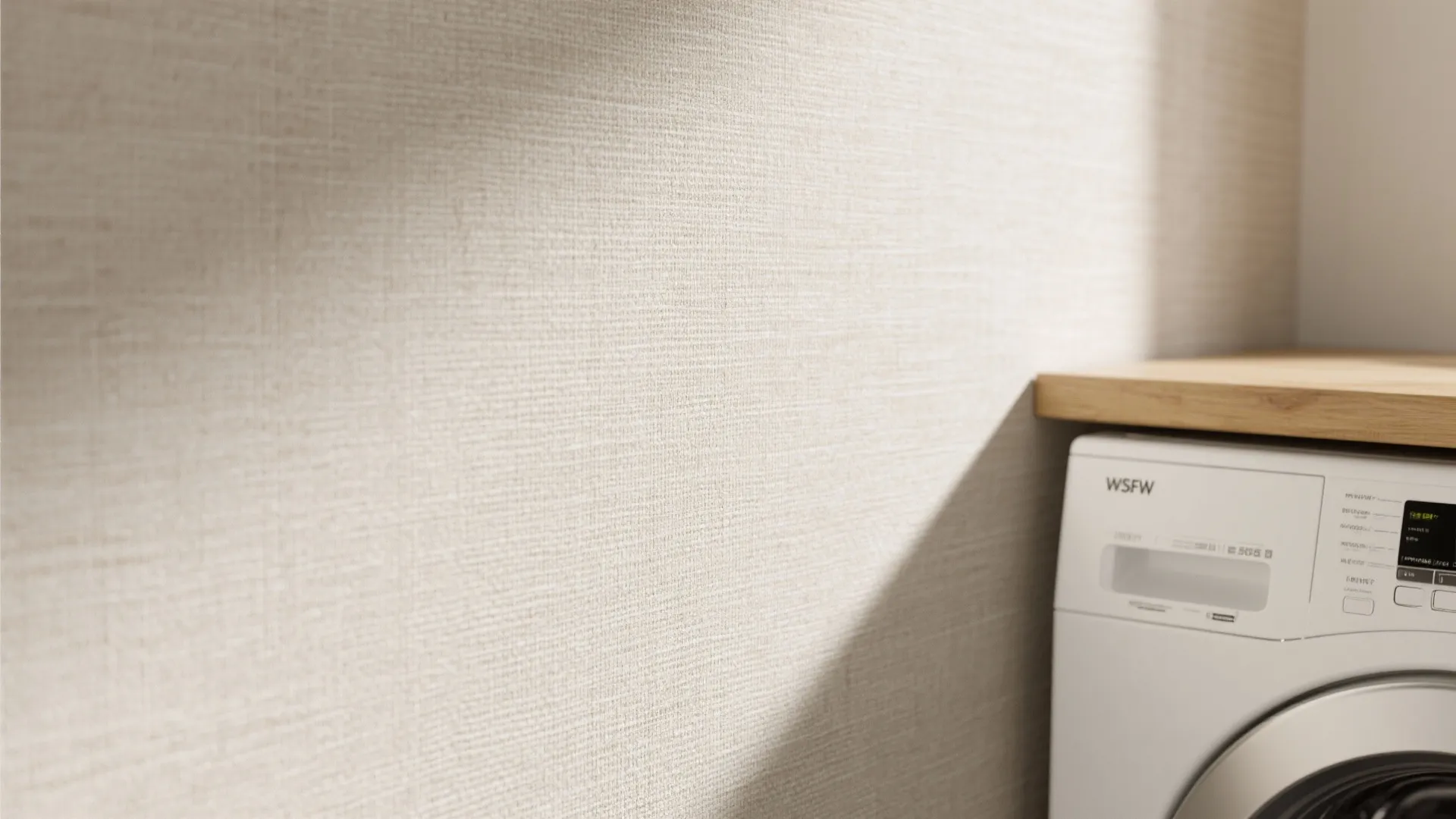 Close up of textured beige wallpaper next to a white washing machine and wooden shelf