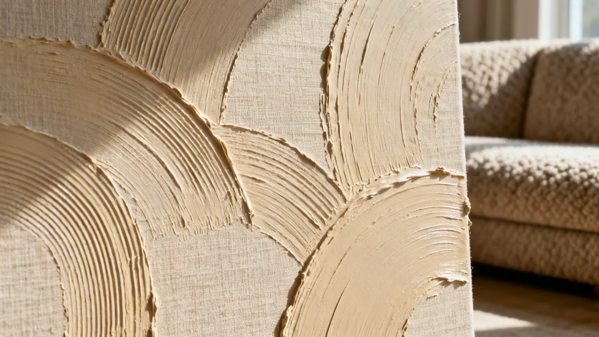 Macro detail of warm beige textured canvas with trowel arcs and matte finish.
