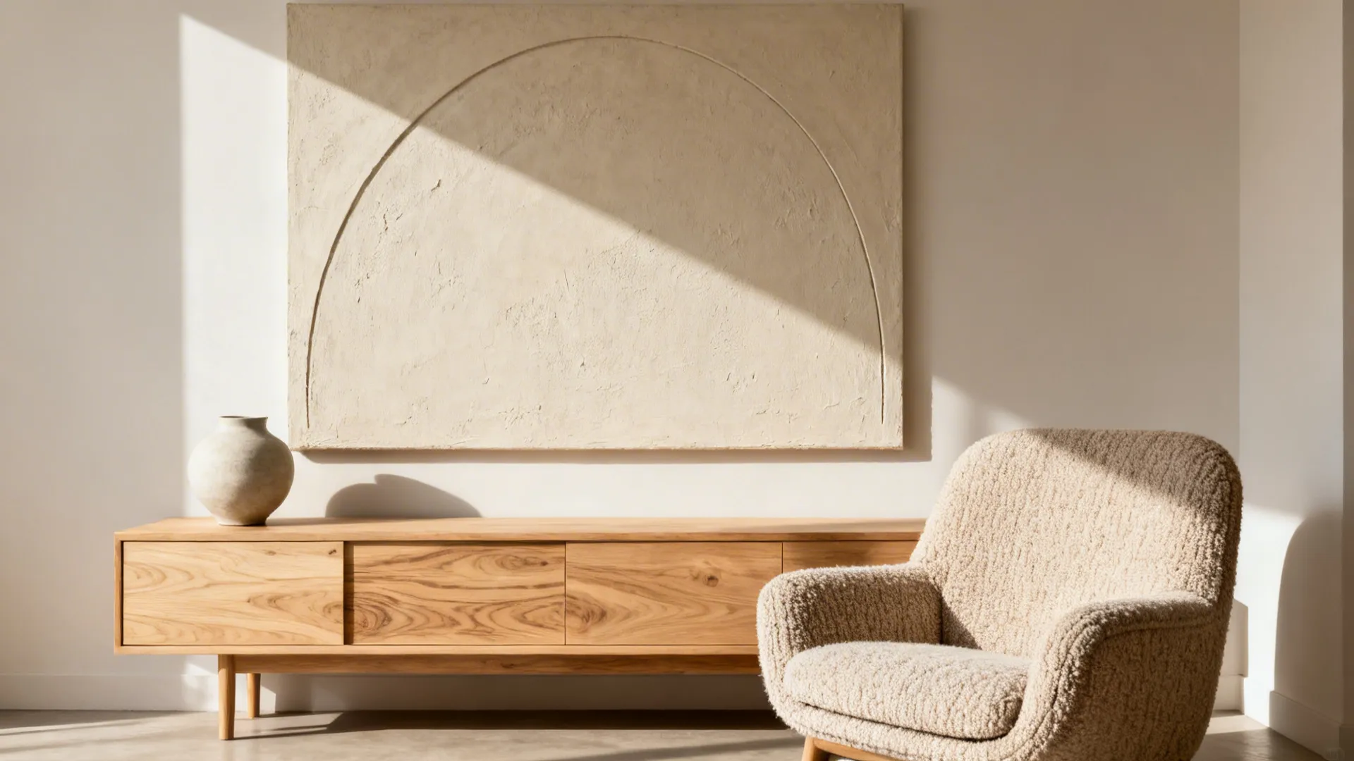 Neutral textured canvas above oak sideboard with boucle chair in soft daylight.