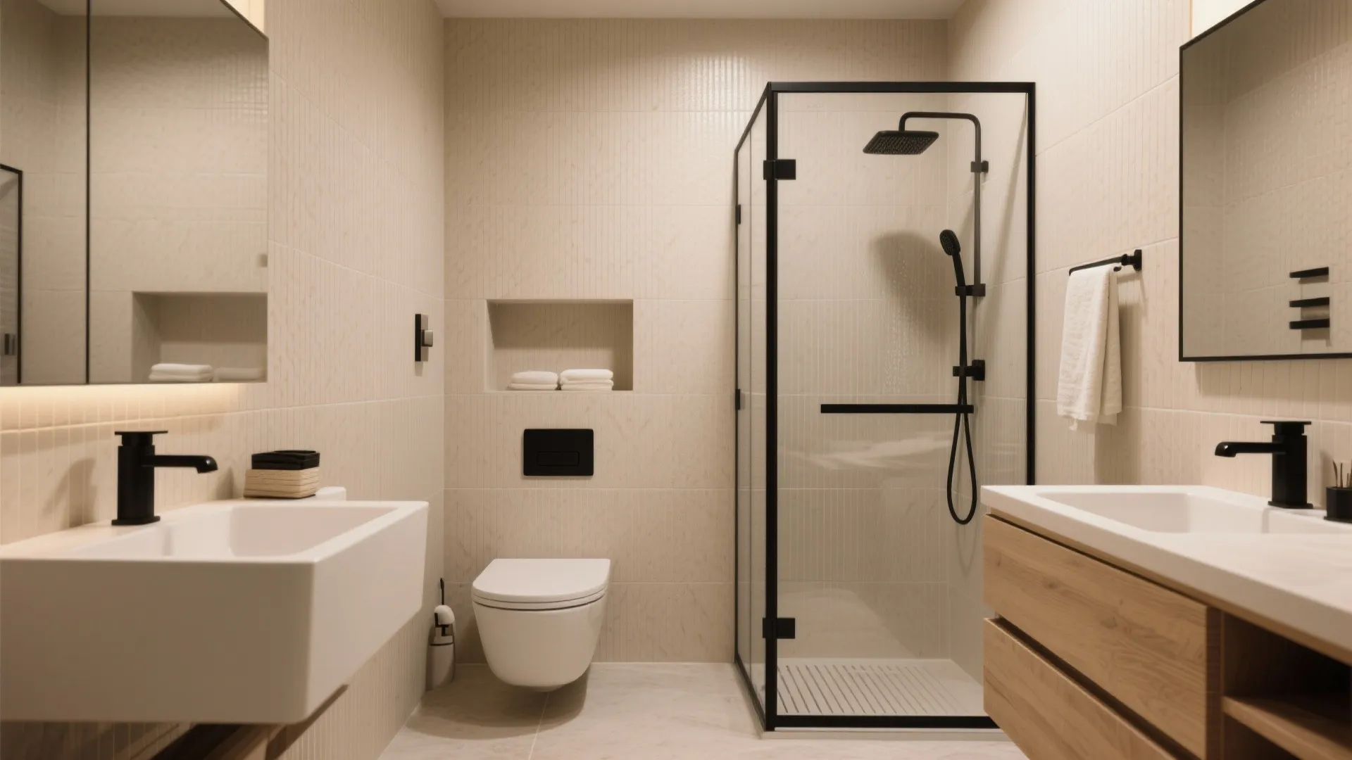 Modern warm bathroom with glass shower cabin wall toilet double sink vanity mirrors and beige tiles