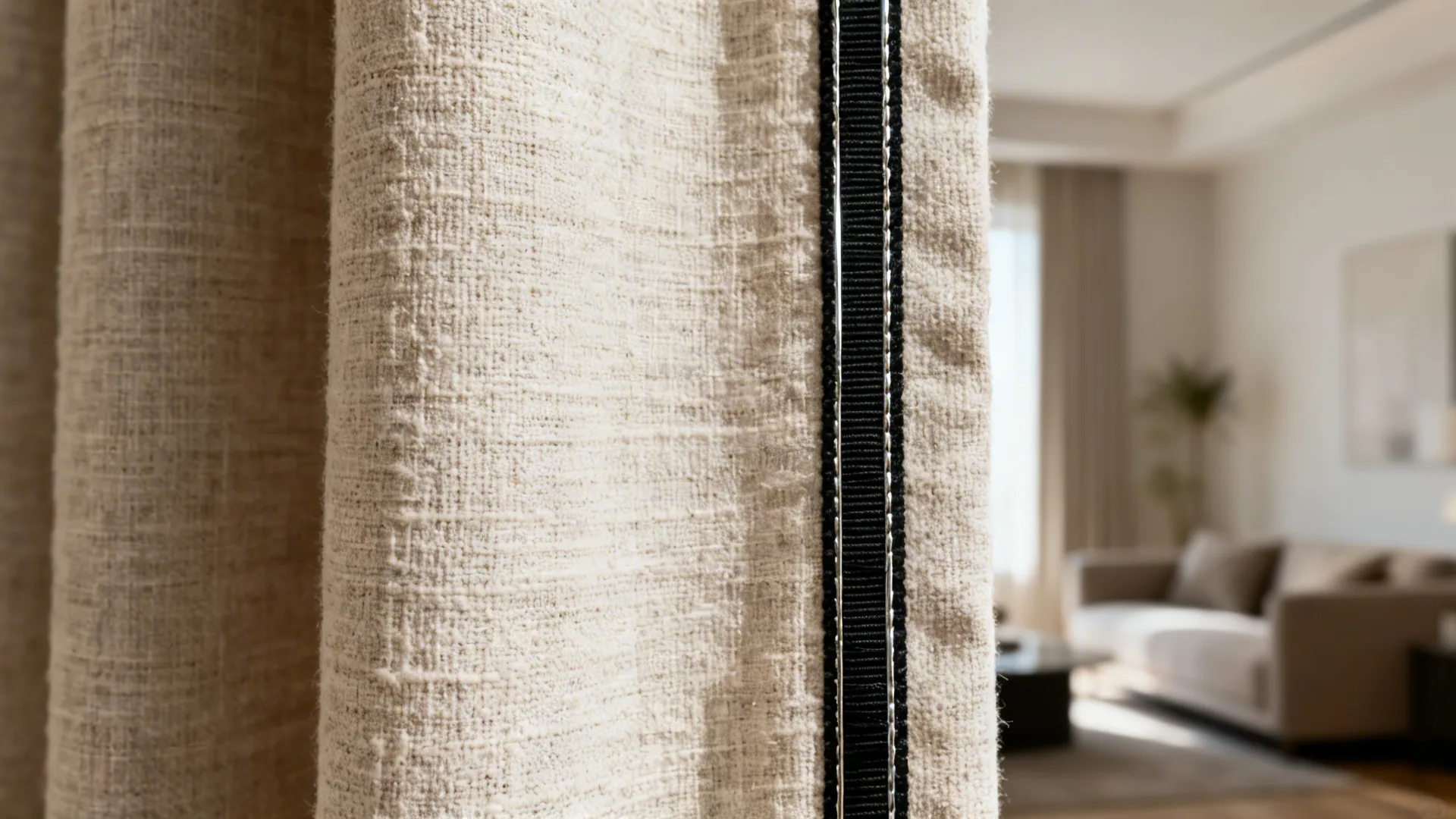 Close-up of neutral curtain fabric with slim contrast trim showing detailed weave and stitching.