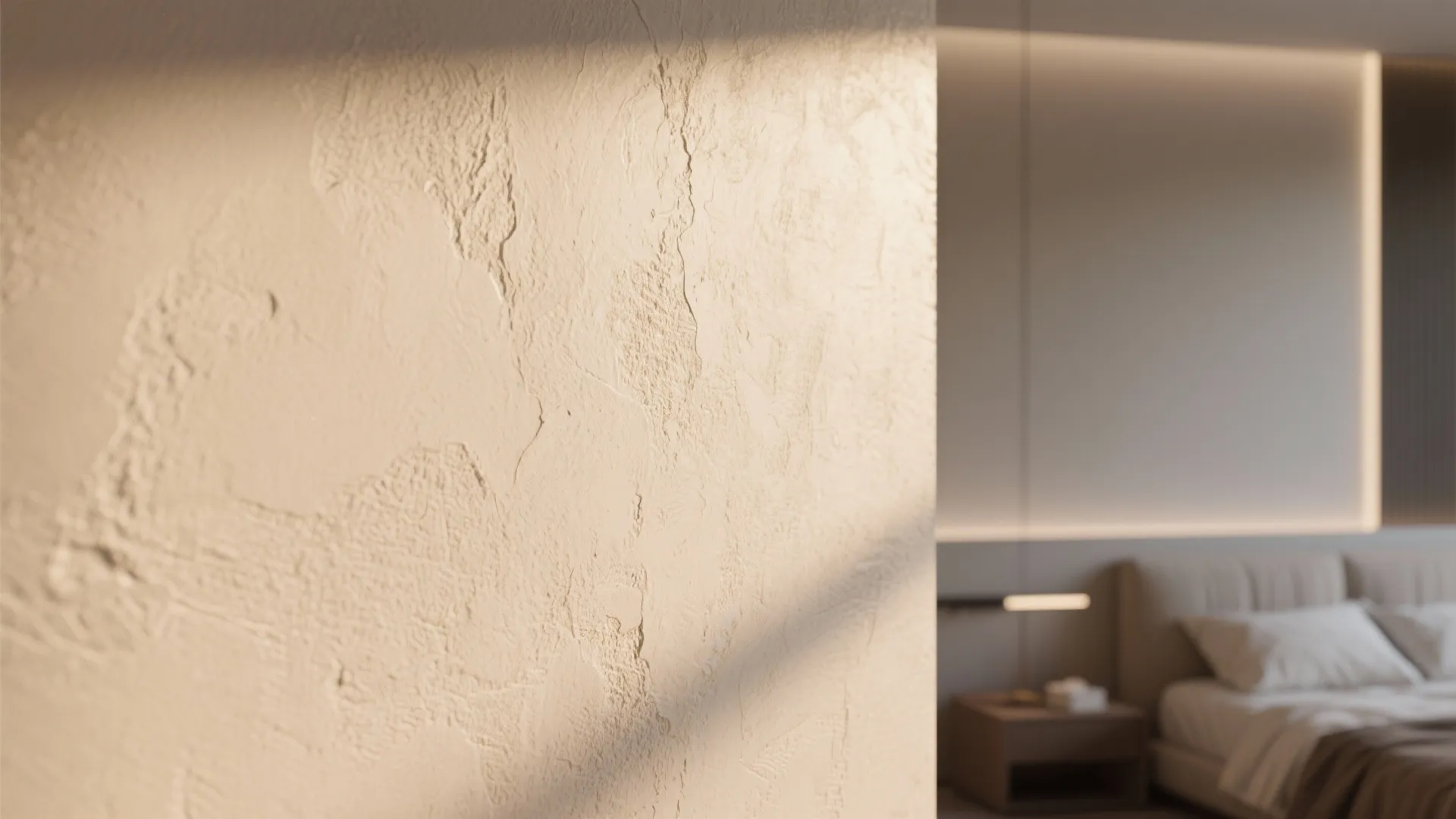 Close up of beige textured wall with plaster finish in a modern bedroom with natural light