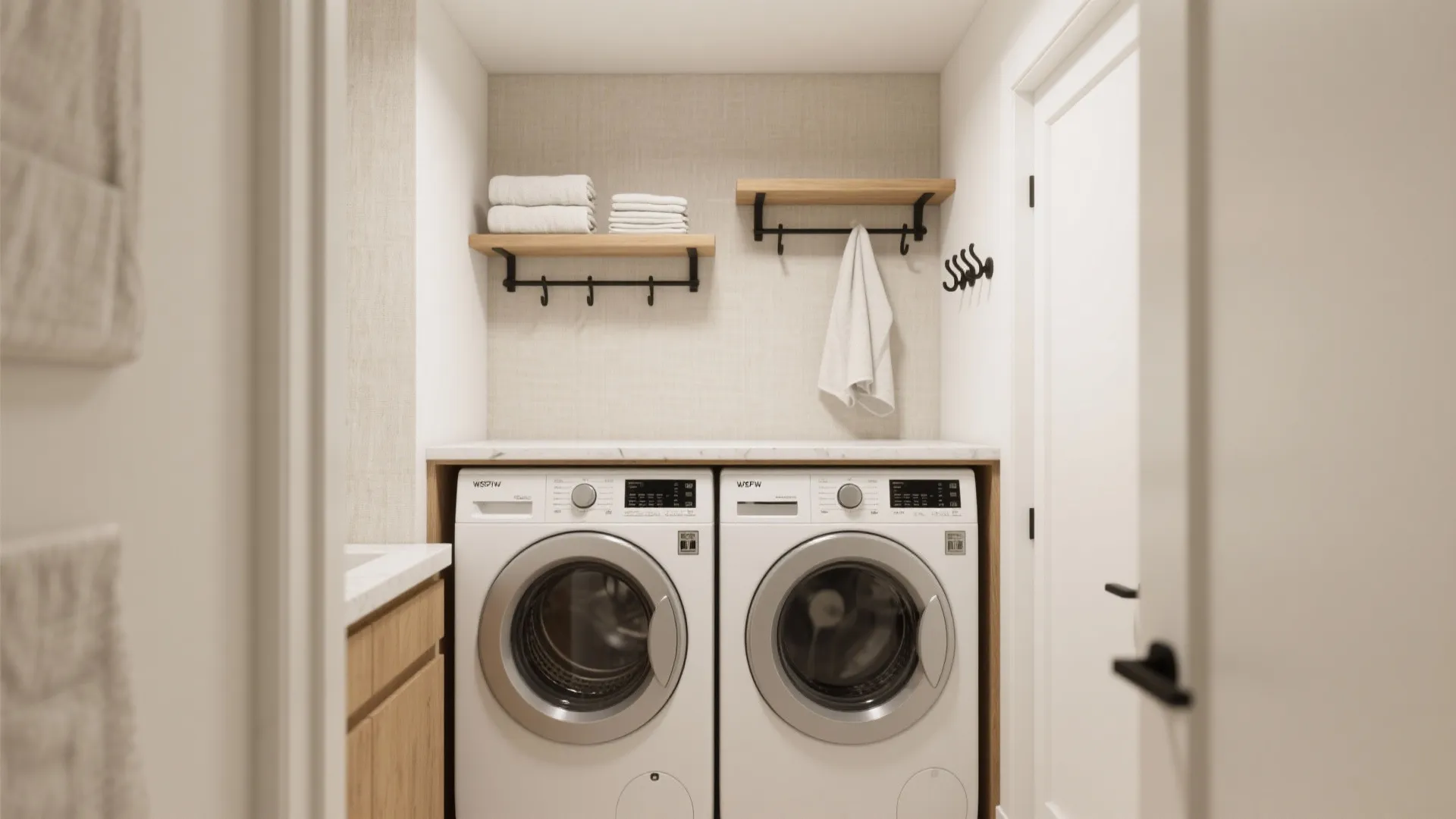 Small laundry area with stacked towels on wood shelves above two white front load washers