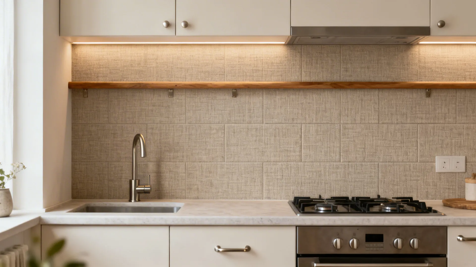Taupe linen‑look backsplash tile stickers paired with oak accents and warm LEDs.