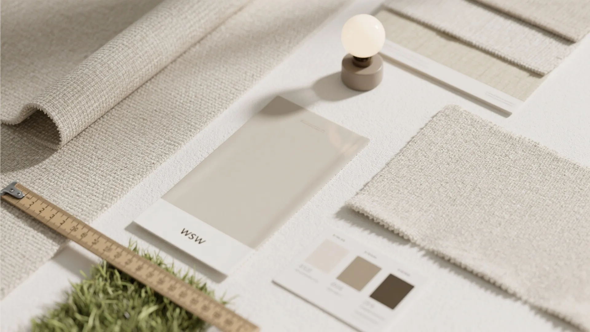 Top-down flatlay of grasscloth and linen-look wallpaper samples with paint chips and measuring tape.