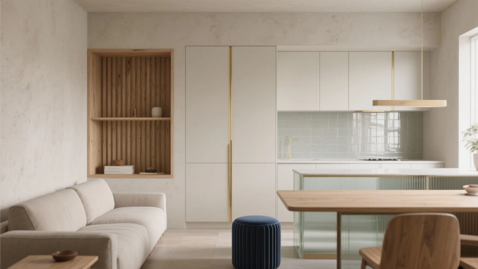 Textured neutrals and warm timber balance