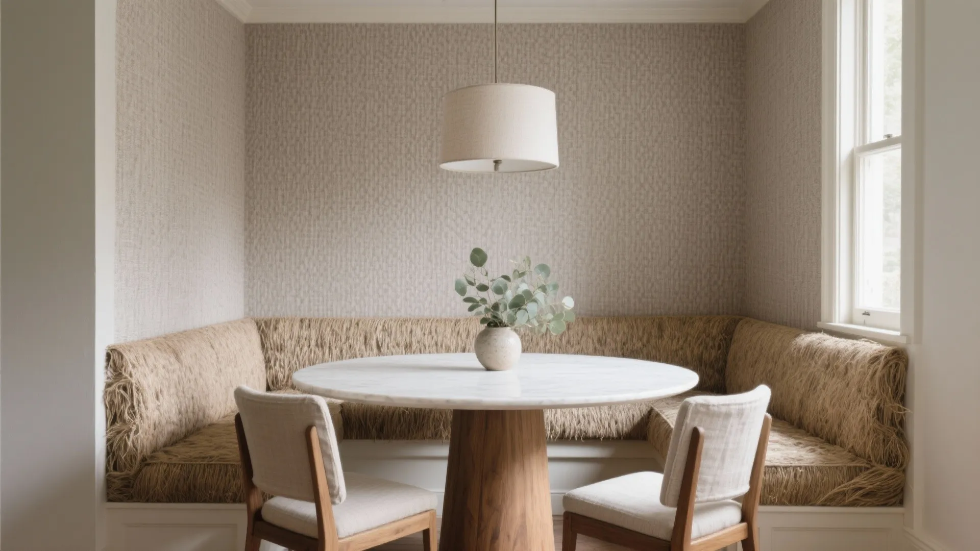 Dining area with round marble table, textured corner sofa, two chairs, and beige ceiling light