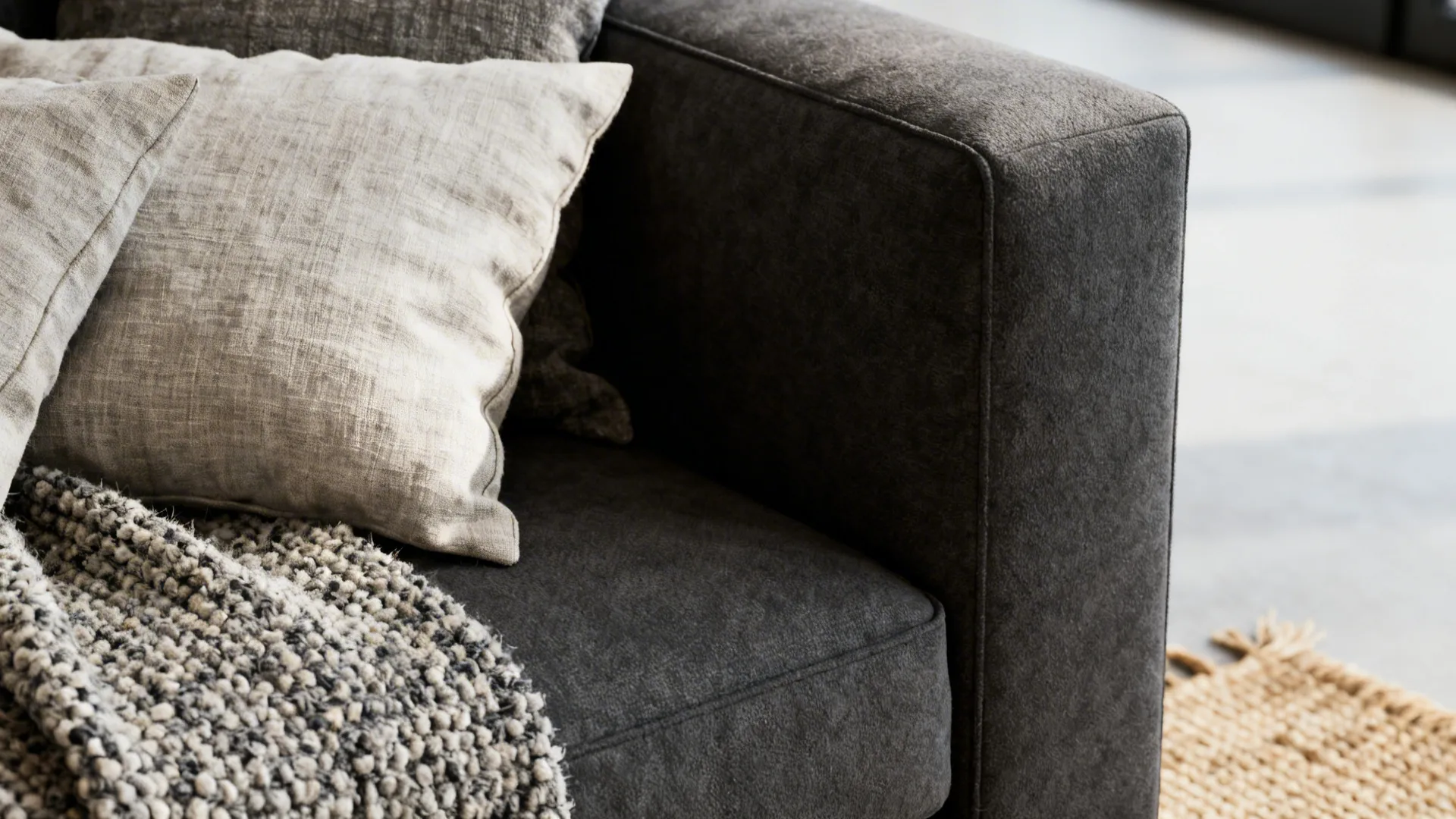 Close-up of linen pillows, a boucle throw, and natural rug by a dark grey sofa.