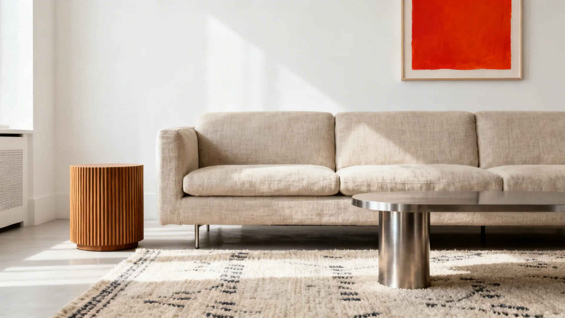 Neutral modern living room with layered textures and a single bold art accent.