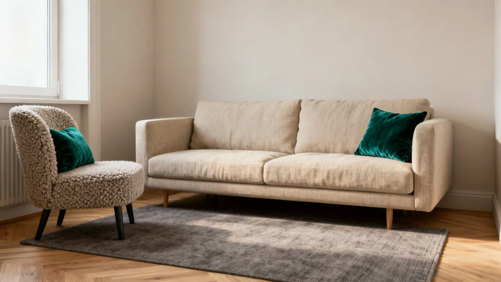 Compact living room with oatmeal linen sofa and a single emerald cushion accent amid warm gray tones.