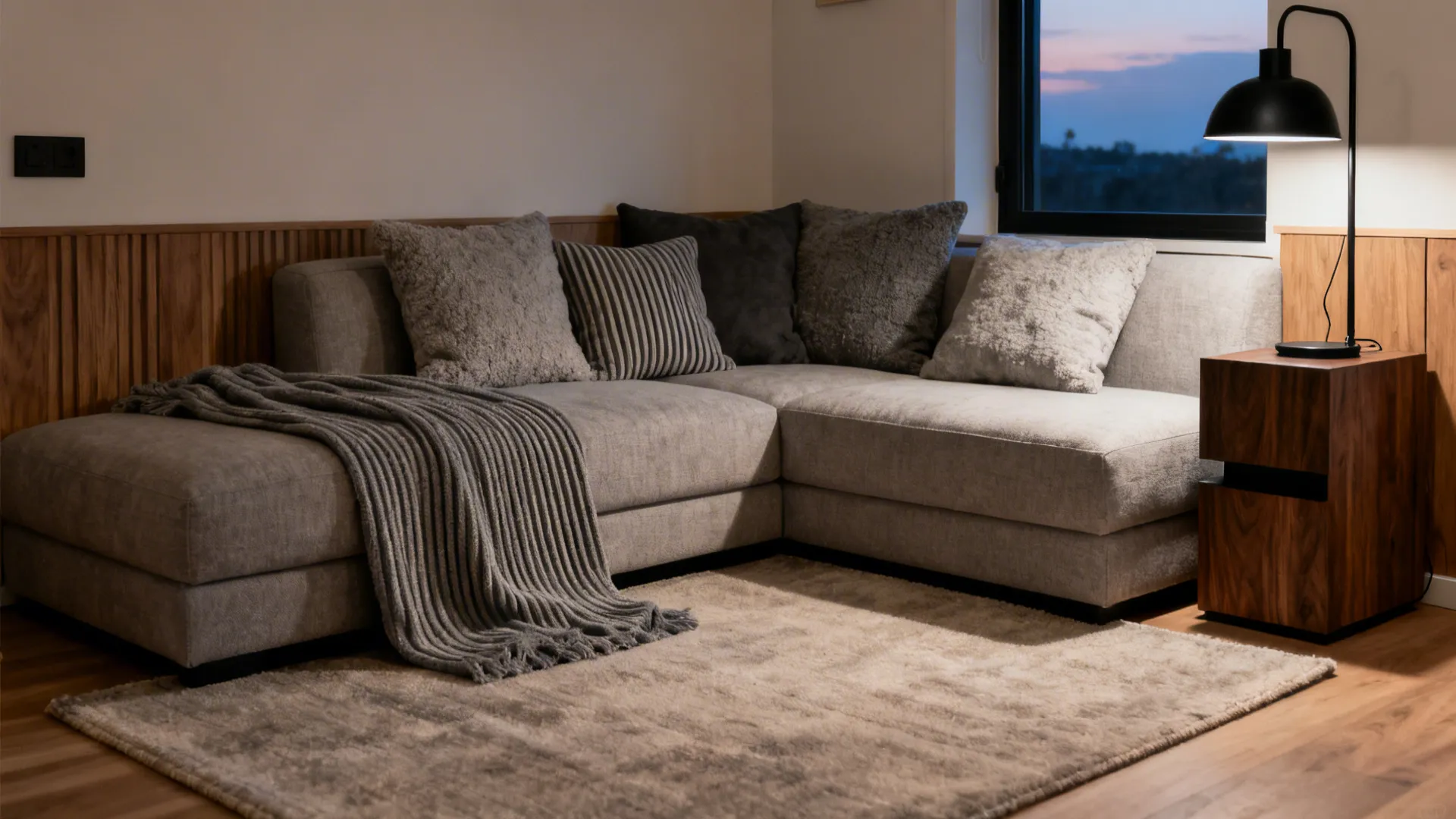 Greige L sofa with layered textures, tonal rug, and oak accents in a serene small room.