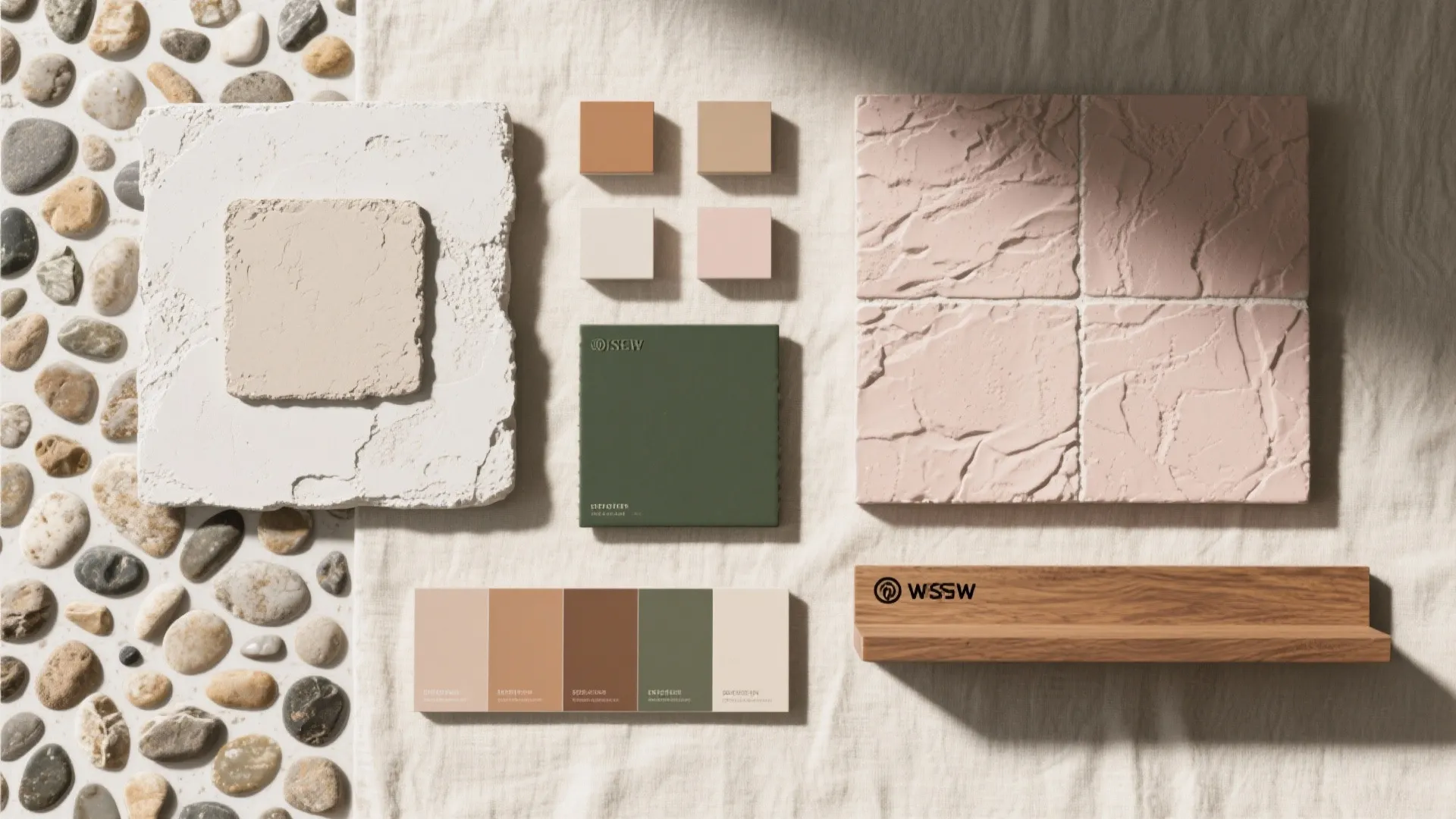 Material board with textured wall panels, stone pebbles, small paint swatches, and a wood sample