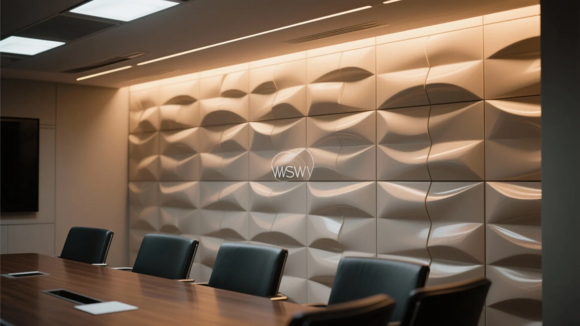 Conference room featuring textured wall panel with warm lighting, wooden table, and black office chairs