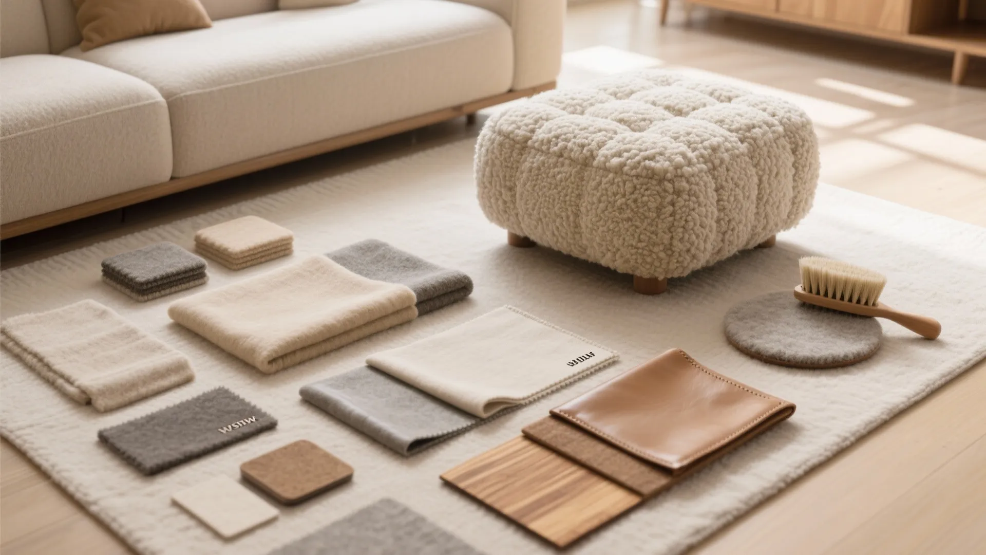 Flatlay of boucle and wool textures with leather, linen, and warm wood for a cozy minimal living room palette.
