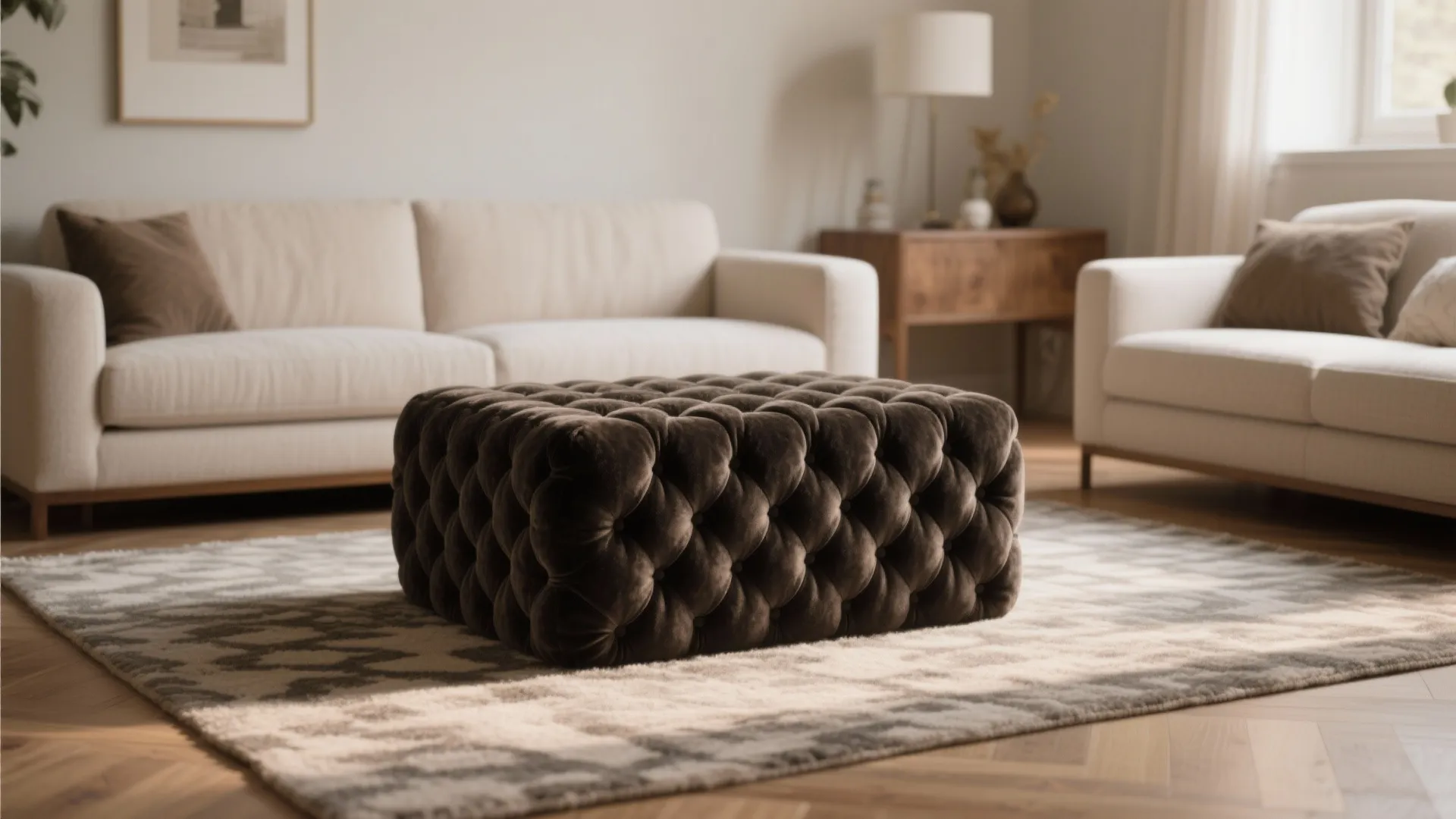 Textured or patterned ottoman as a focal point