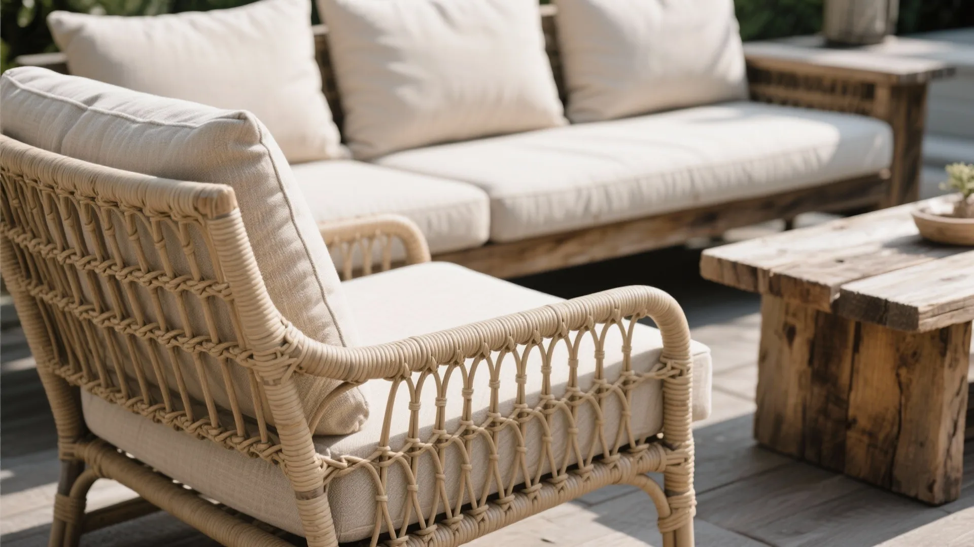Comfortable outdoor seating area with woven chairs cream cushions and a rustic wooden coffee table